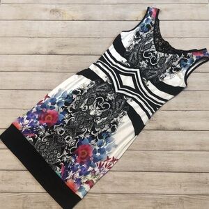 Frank Lyman Design Black and White Dress with Floral Accents